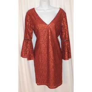 Eva Mendes x NY & Co size XS metallic Rust lace shift dress v-neck Bell sleeve